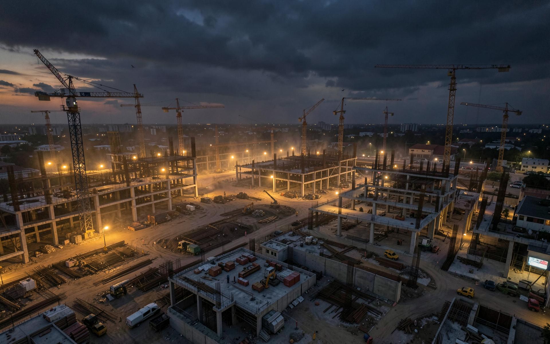 Chantier de construction grande hauteur au Sénégal au crépuscule